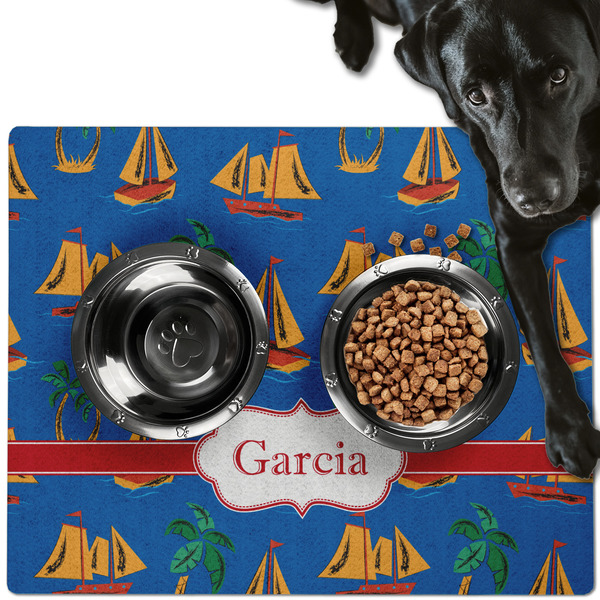 Custom Boats & Palm Trees Dog Food Mat - Large w/ Name or Text