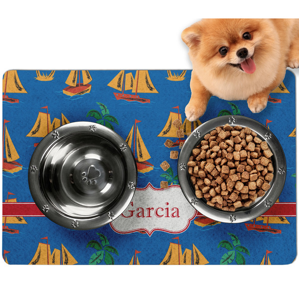 Custom Boats & Palm Trees Dog Food Mat - Small w/ Name or Text