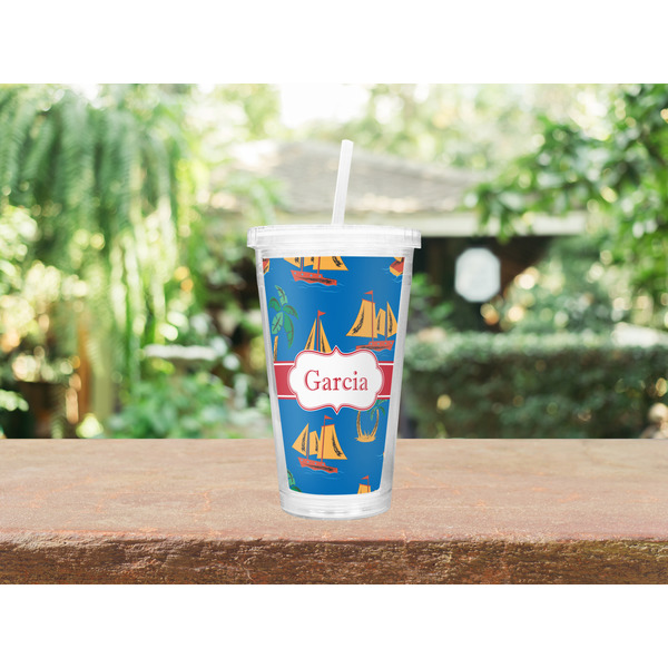 Boats & Palm Trees Double Wall Tumbler with Straw Lifestyle