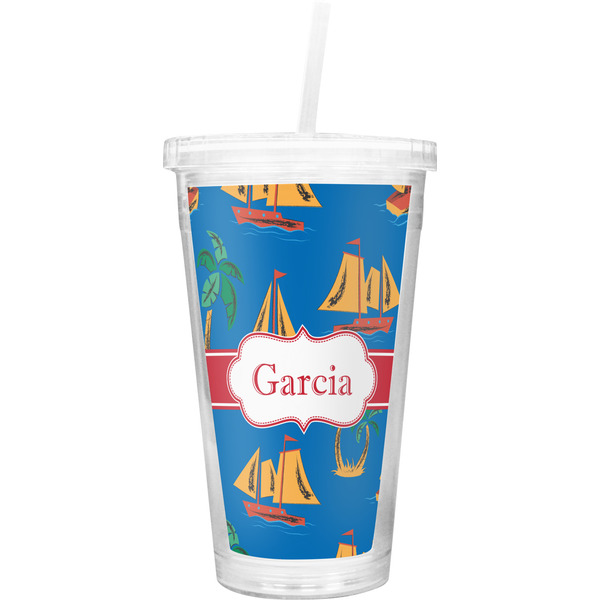 Custom Boats & Palm Trees Double Wall Tumbler with Straw (Personalized)