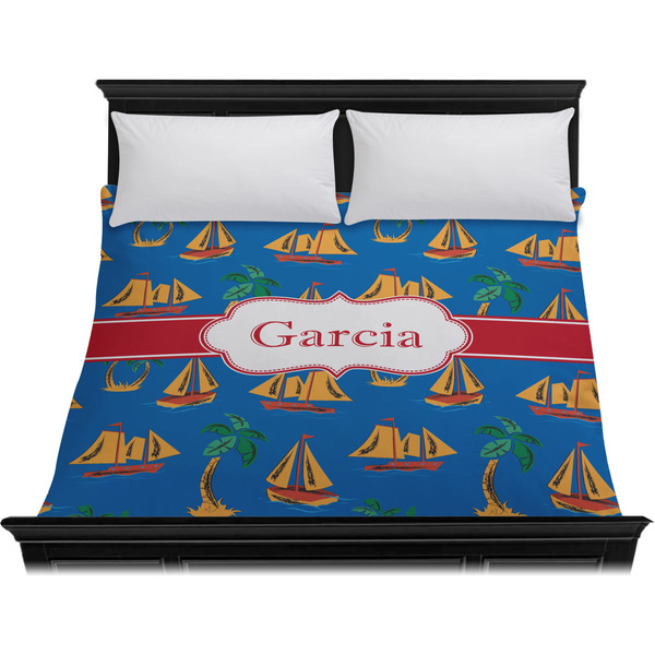 Boats & Palm Trees Duvet Cover - King - On Bed - No Prop