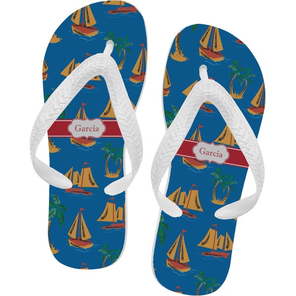 Custom Boats & Palm Trees Flip Flops - Large (Personalized)