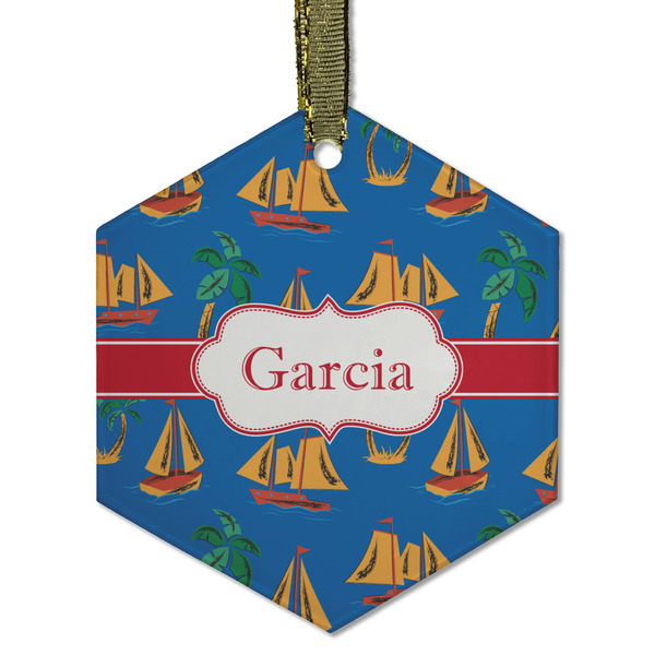 Boats & Palm Trees Frosted Glass Ornament - Hexagon