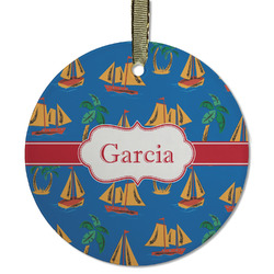 Boats & Palm Trees Flat Glass Ornament - Round w/ Name or Text