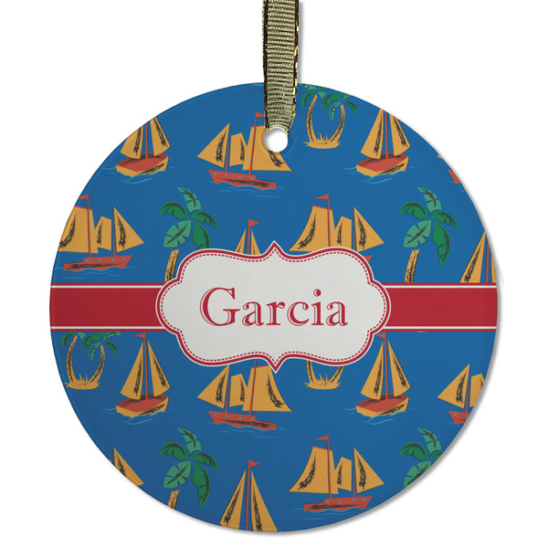 Boats & Palm Trees Frosted Glass Ornament - Round