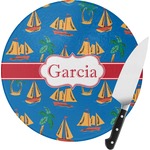 Boats & Palm Trees Round Glass Cutting Board (Personalized)