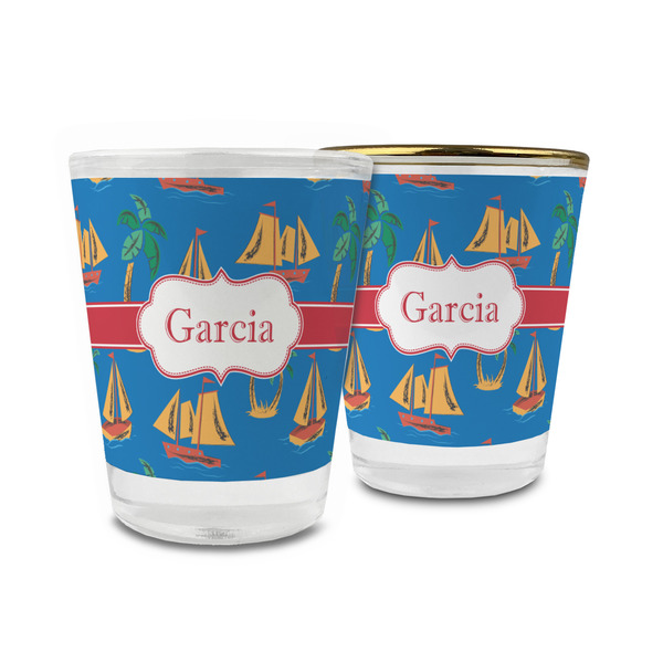 Custom Boats & Palm Trees Glass Shot Glass - 1.5 oz (Personalized)