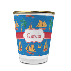 Boats & Palm Trees Glass Shot Glass - 1.5 oz - with Gold Rim - Set of 4 (Personalized)