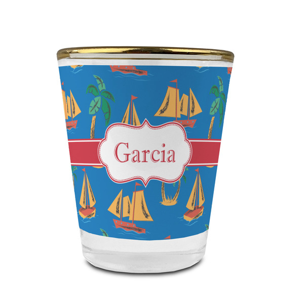 Custom Boats & Palm Trees Glass Shot Glass - 1.5 oz - with Gold Rim - Set of 4 (Personalized)