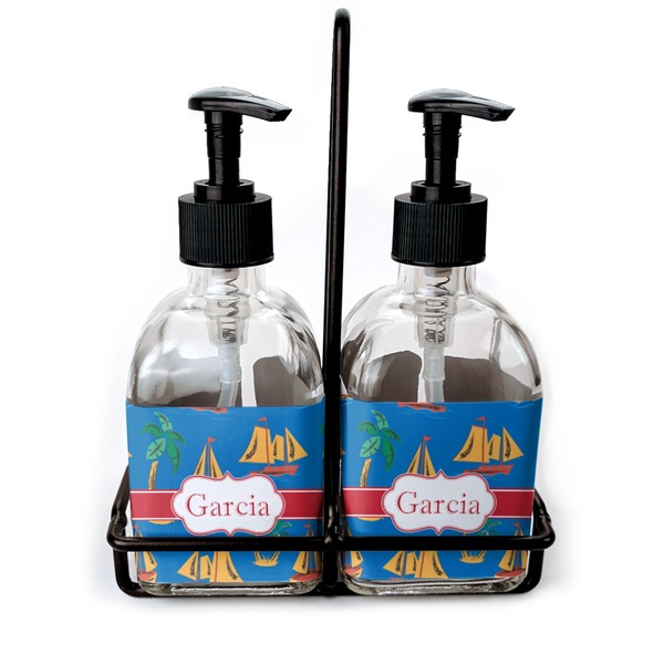 Custom Boats & Palm Trees Glass Soap & Lotion Bottle Set (Personalized)