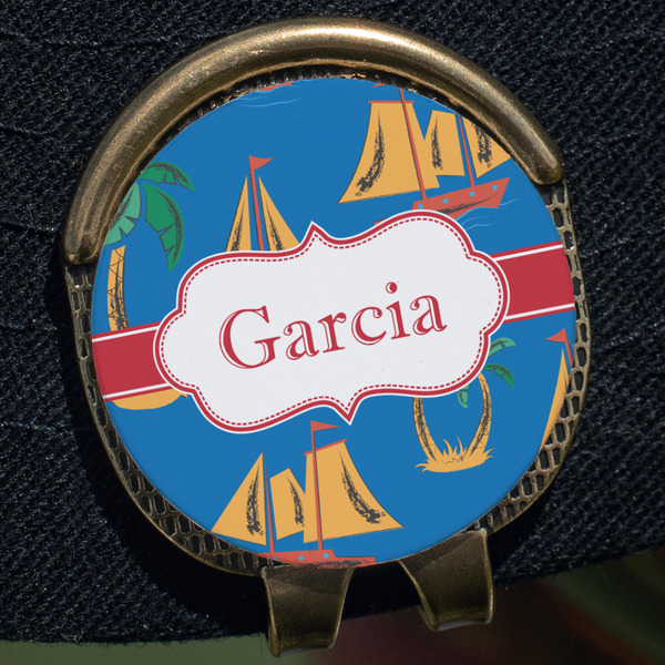 Boats & Palm Trees Golf Ball Marker Hat Clip - Gold - Close Up