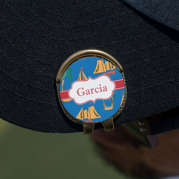 Boats & Palm Trees Golf Ball Marker Hat Clip - Gold - On Hat