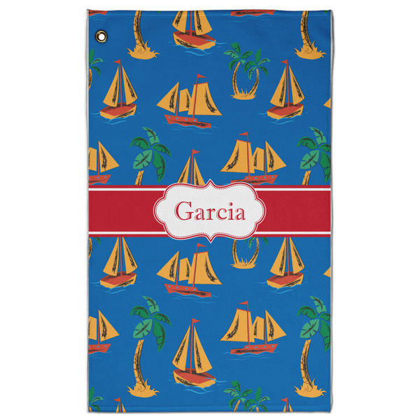 Custom Boats & Palm Trees Golf Towel - Poly-Cotton Blend w/ Name or Text