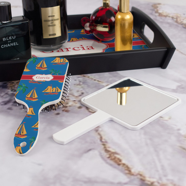 Boats & Palm Trees Hair Brush - With Hand Mirror