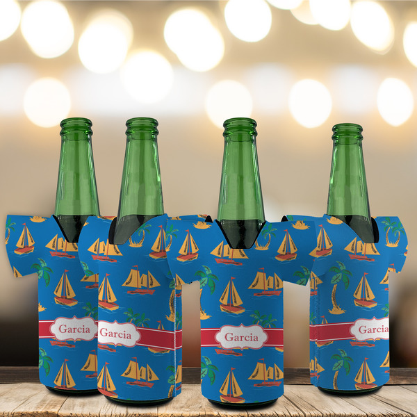 Boats & Palm Trees Jersey Bottle Cooler - Set of 4 - LIFESTYLE