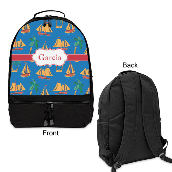 Boats & Palm Trees Large Backpack - Black - Front & Back View