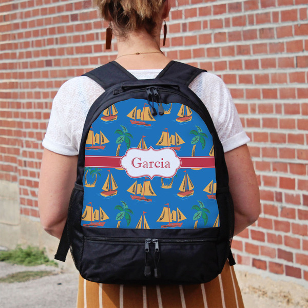 Boats & Palm Trees Large Backpack - Black - On Back