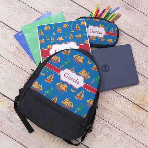 Boats & Palm Trees Large Backpack - Black - With Stuff