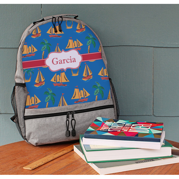Boats & Palm Trees Large Backpack - Gray - On Desk