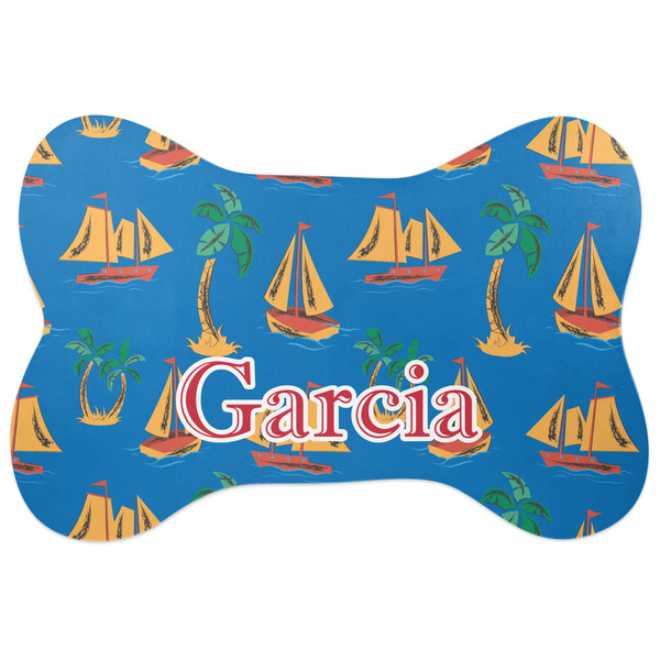 Custom Boats & Palm Trees Bone Shaped Dog Food Mat (Large) (Personalized)