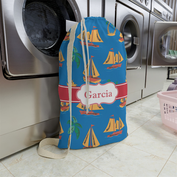 Boats & Palm Trees Large Laundry Bag - In Context