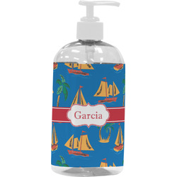 Boats & Palm Trees Plastic Soap / Lotion Dispenser (16 oz - Large - White) (Personalized)