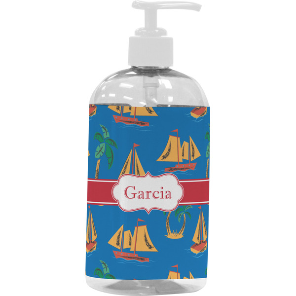 Custom Boats & Palm Trees Plastic Soap / Lotion Dispenser (16 oz - Large - White) (Personalized)