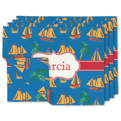 Boats & Palm Trees Double-Sided Linen Placemat - Set of 4 w/ Name or Text