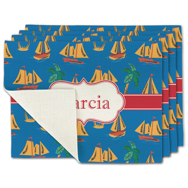 Custom Boats & Palm Trees Single-Sided Linen Placemat - Set of 4 w/ Name or Text