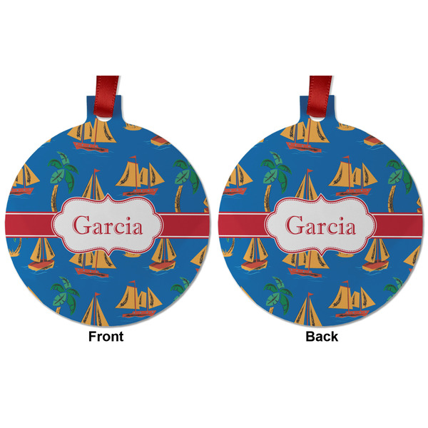 Boats & Palm Trees Metal Ball Ornament - Front and Back