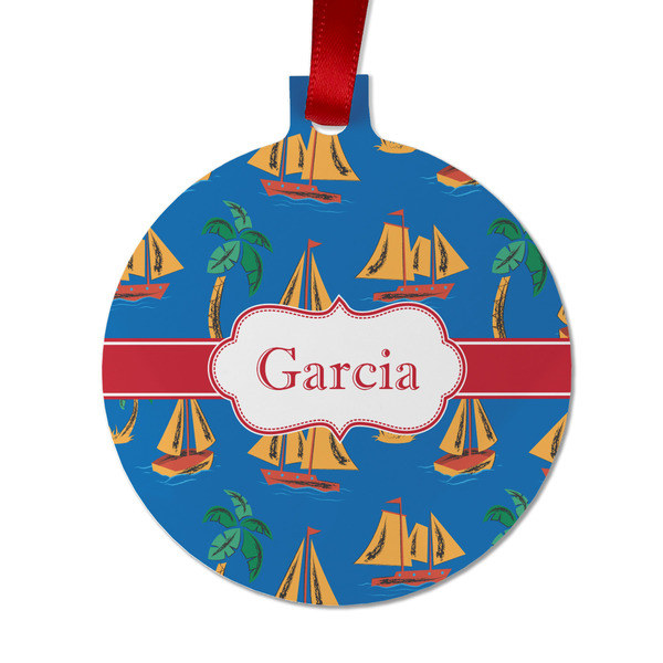 Boats & Palm Trees Metal Ball Ornament - Front