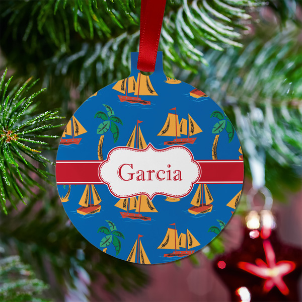 Boats & Palm Trees Metal Ball Ornament - Lifestyle