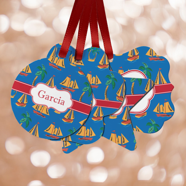 Custom Boats & Palm Trees Metal Ornaments - Double Sided w/ Name or Text