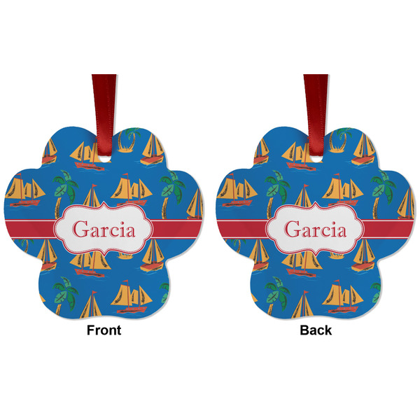 Boats & Palm Trees Metal Paw Ornament - Front and Back