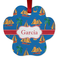 Boats & Palm Trees Metal Paw Ornament - Double Sided w/ Name or Text
