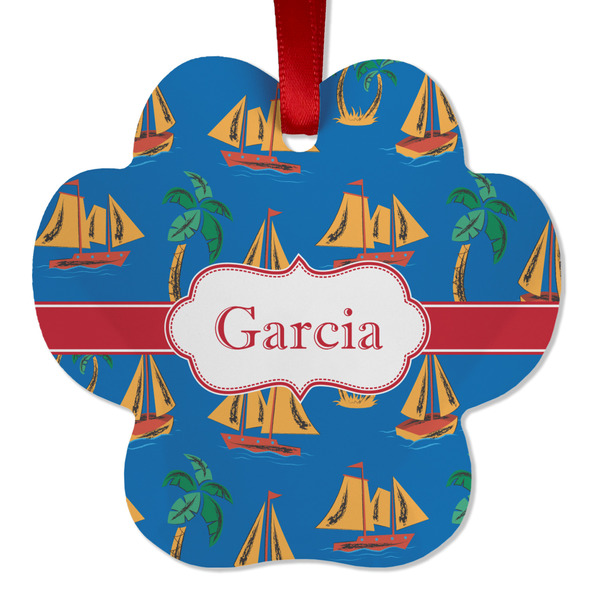 Custom Boats & Palm Trees Metal Paw Ornament - Double Sided w/ Name or Text