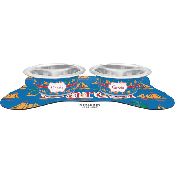 Boats & Palm Trees Metal Pet Bowls - On Dog Bone Shaped Mat