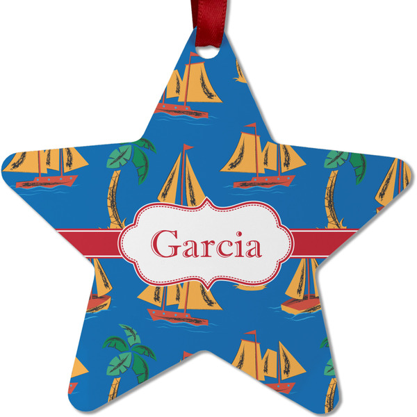 Custom Boats & Palm Trees Metal Star Ornament - Double Sided w/ Name or Text