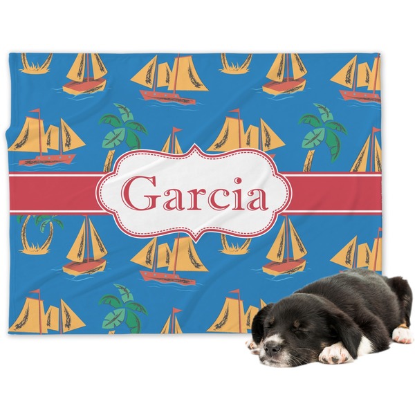 Custom Boats & Palm Trees Dog Blanket - Large (Personalized)