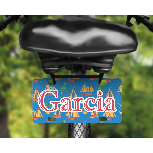 Boats & Palm Trees Mini License Plate on Bicycle