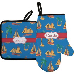Boats & Palm Trees Oven Mitt & Pot Holder Set w/ Name or Text