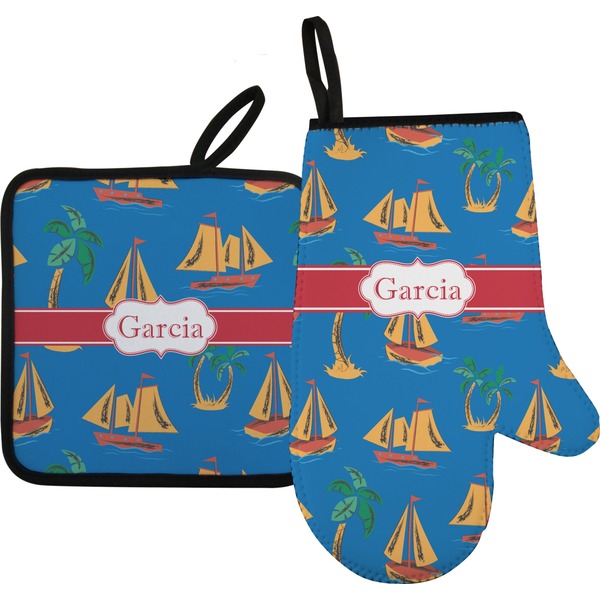 Custom Boats & Palm Trees Right Oven Mitt & Pot Holder Set w/ Name or Text