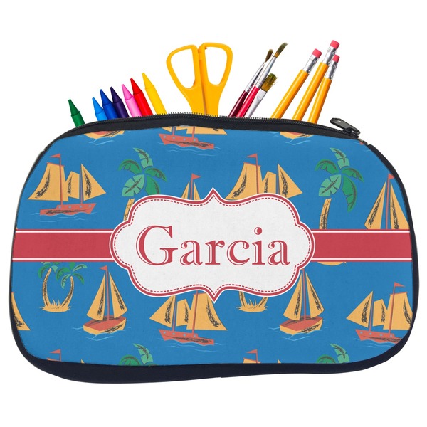 Custom Boats & Palm Trees Neoprene Pencil Case - Medium w/ Name or Text