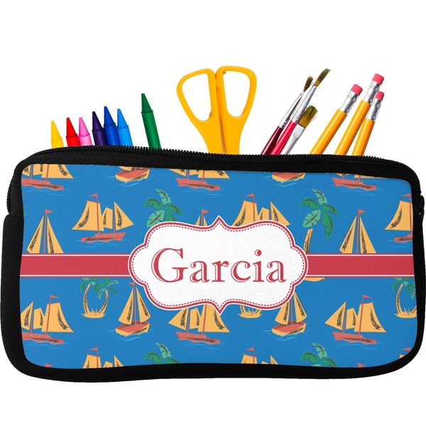 Custom Boats & Palm Trees Neoprene Pencil Case - Small w/ Name or Text