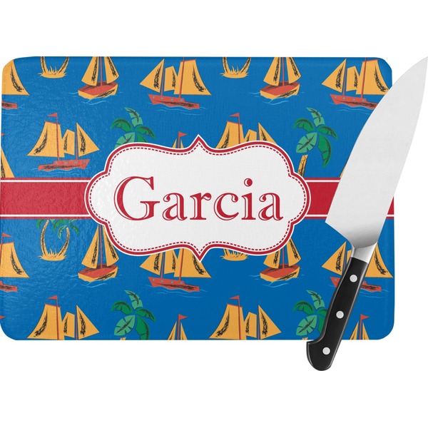 Custom Boats & Palm Trees Rectangular Glass Cutting Board - Large - 15.25"x11.25" w/ Name or Text