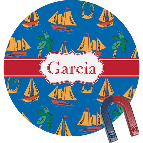 Custom Boats & Palm Trees Round Fridge Magnet (Personalized)