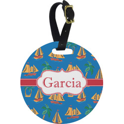 Boats & Palm Trees Plastic Luggage Tag - Round (Personalized)