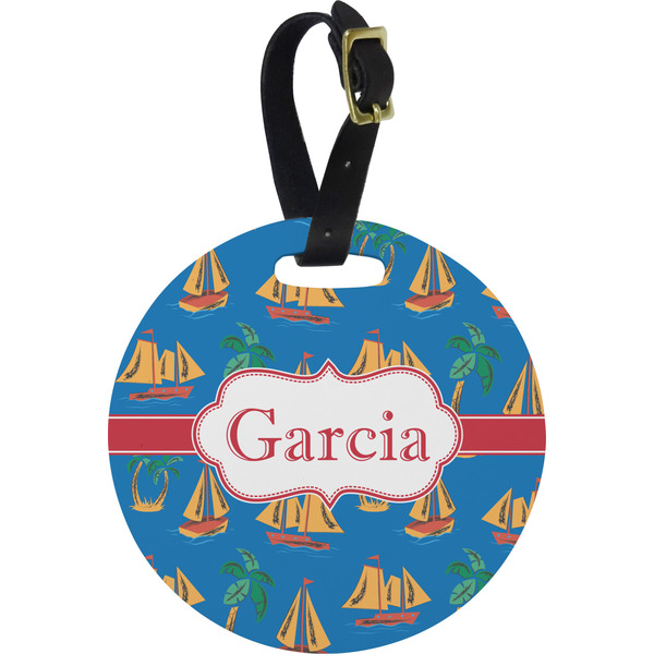 Custom Boats & Palm Trees Plastic Luggage Tag - Round (Personalized)