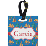 Boats & Palm Trees Plastic Luggage Tag - Square w/ Name or Text