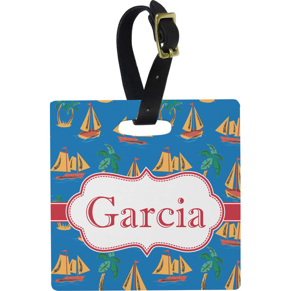Custom Boats & Palm Trees Plastic Luggage Tag - Square w/ Name or Text